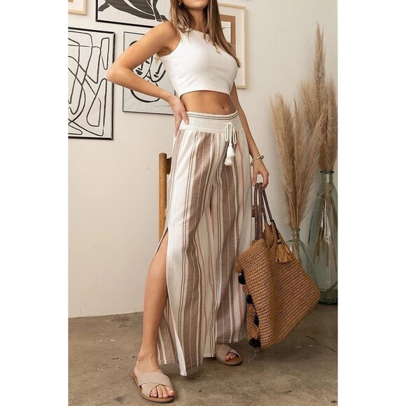 Cali 1850 Linen Cotton Pants Brown Cream Striped Slit Legs‎ Size S Beachy Boho - Picture 2 of 16